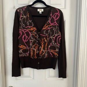 Talbots silk merino wool equestrian print cardigan sweater brown pink orange MED